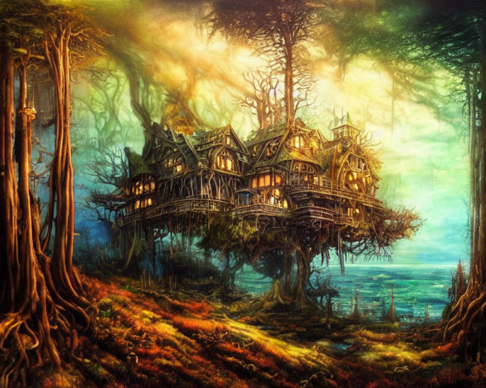 Ethereal painting of treehouse in mystical forest light