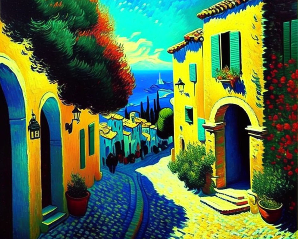 Colorful painting of a picturesque street at dusk with starry sky, yellow houses, cobblestone