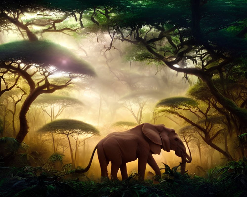 Elephant in serene forest setting with lush green foliage