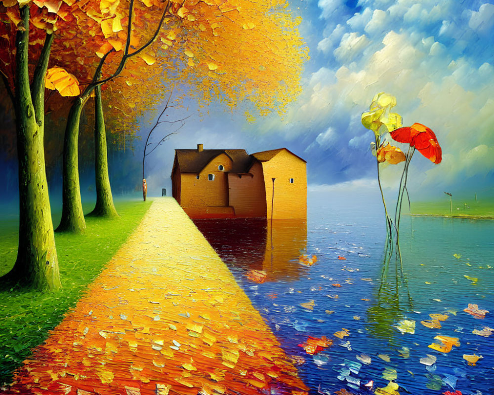 Scenic autumn pathway with golden leaves and cottages by reflective water