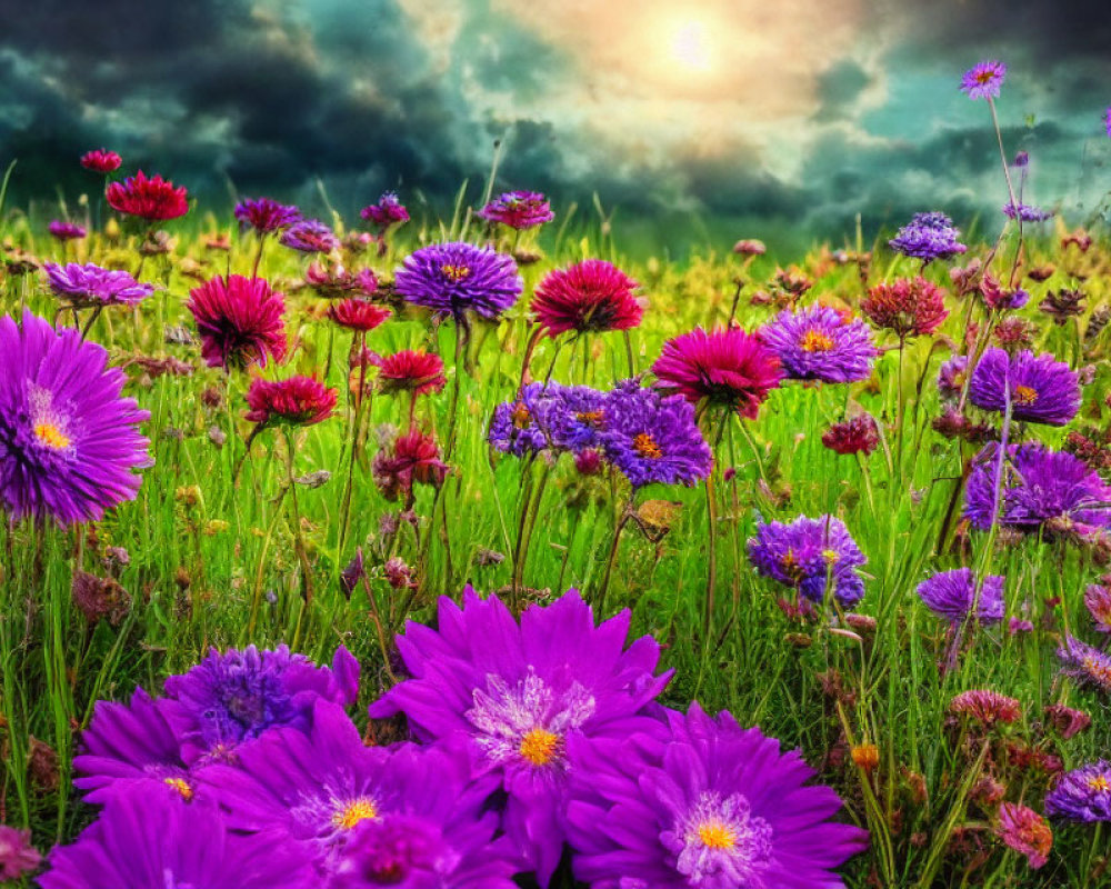 Colorful Wildflowers Blooming Under Dramatic Sky