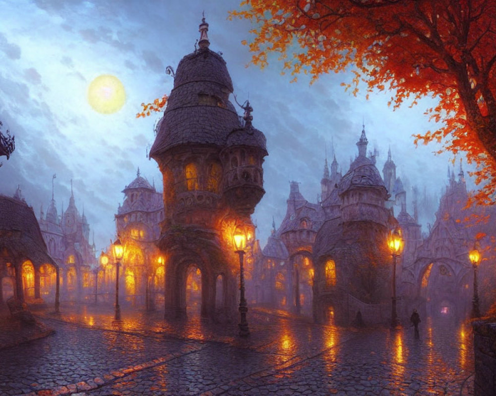 Twilight fantasy cityscape with gothic architecture and autumn tree
