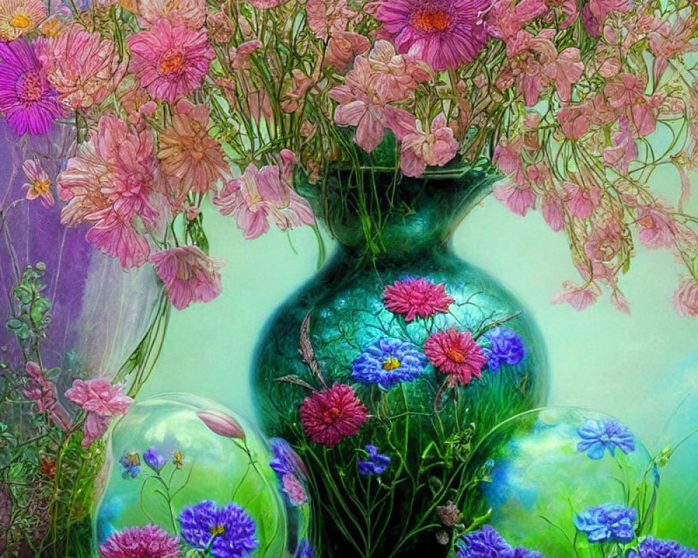 Pink and Purple Flowers in Teal Vase with Green Orbs on Ethereal Background