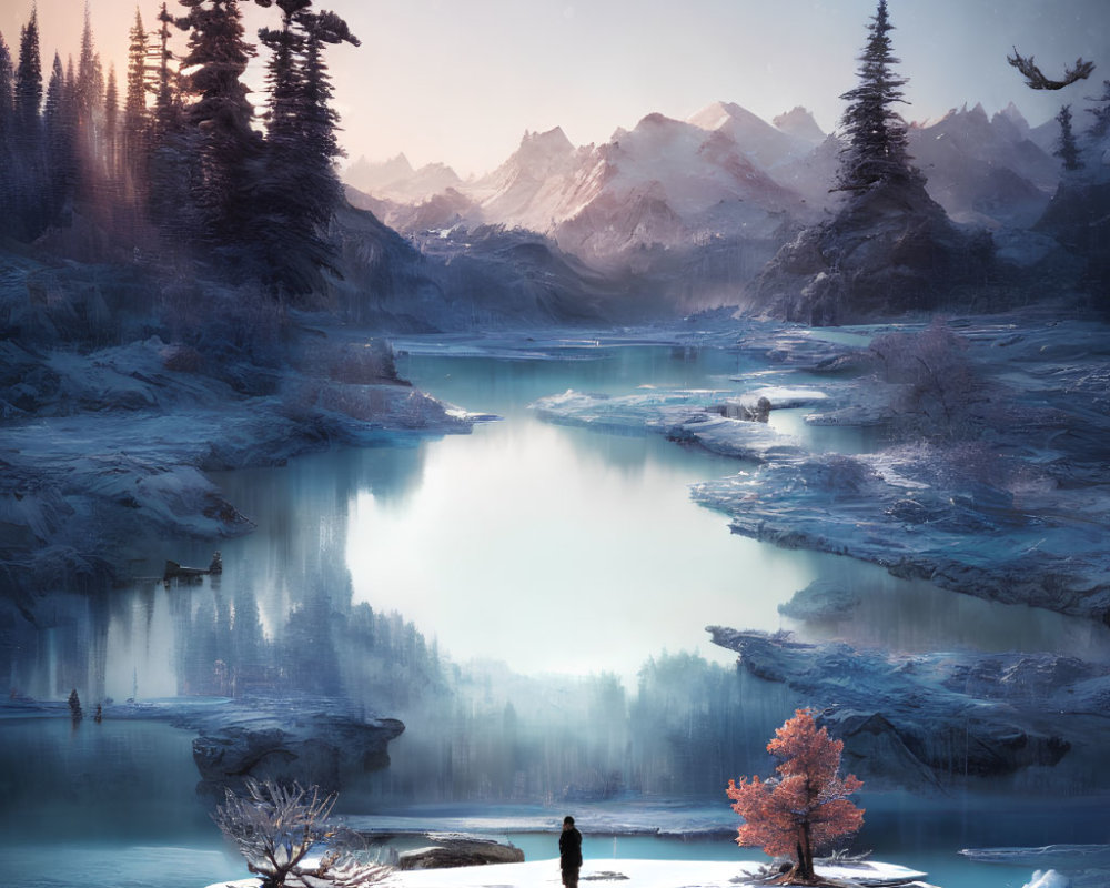Snowy cliff overlooking tranquil lake surrounded by pine trees and mountains at sunrise or sunset