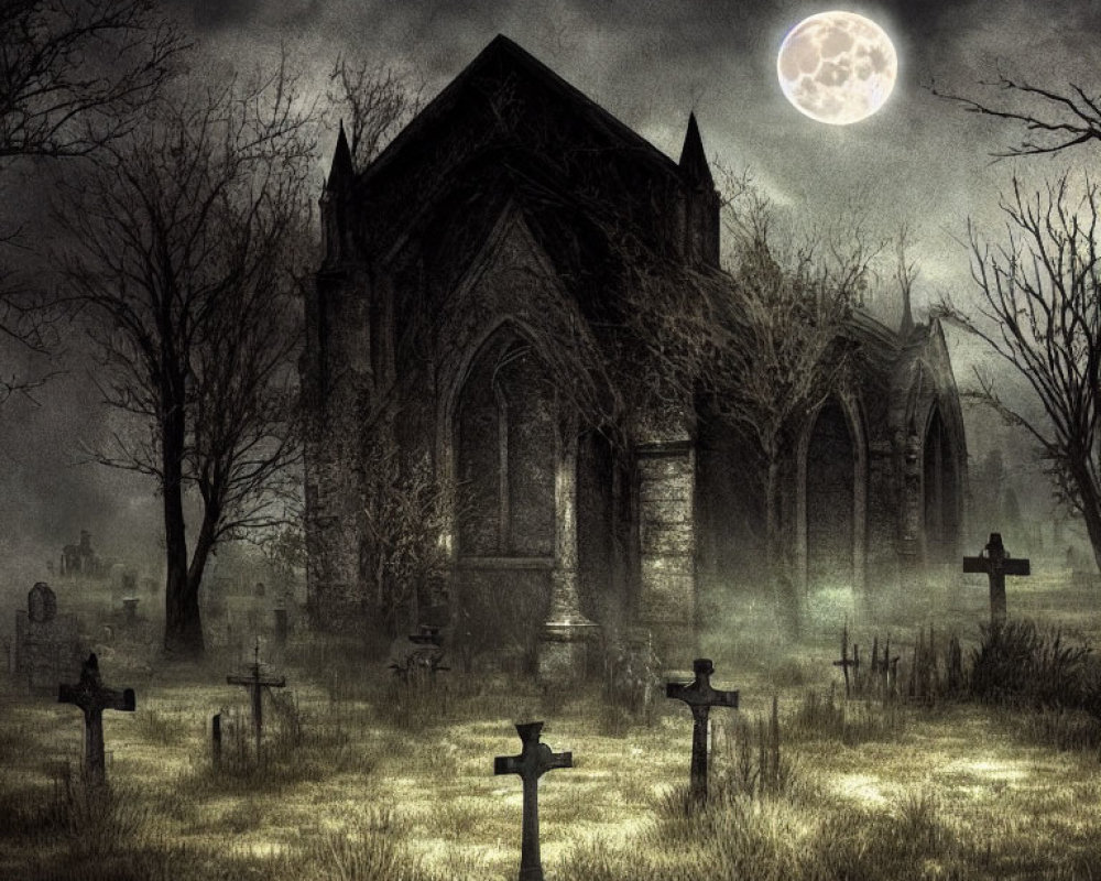 Gothic church in graveyard under full moon with eerie lighting