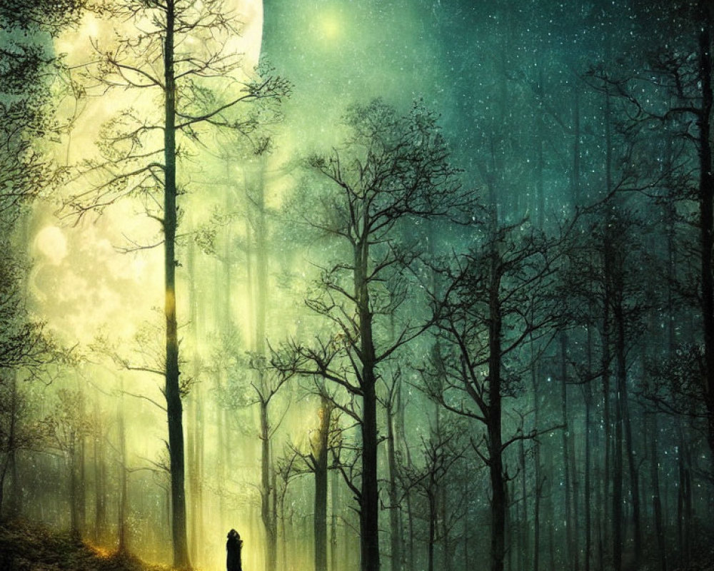 Person standing in mystical forest at night with lantern, towering trees, starry sky, and large moon