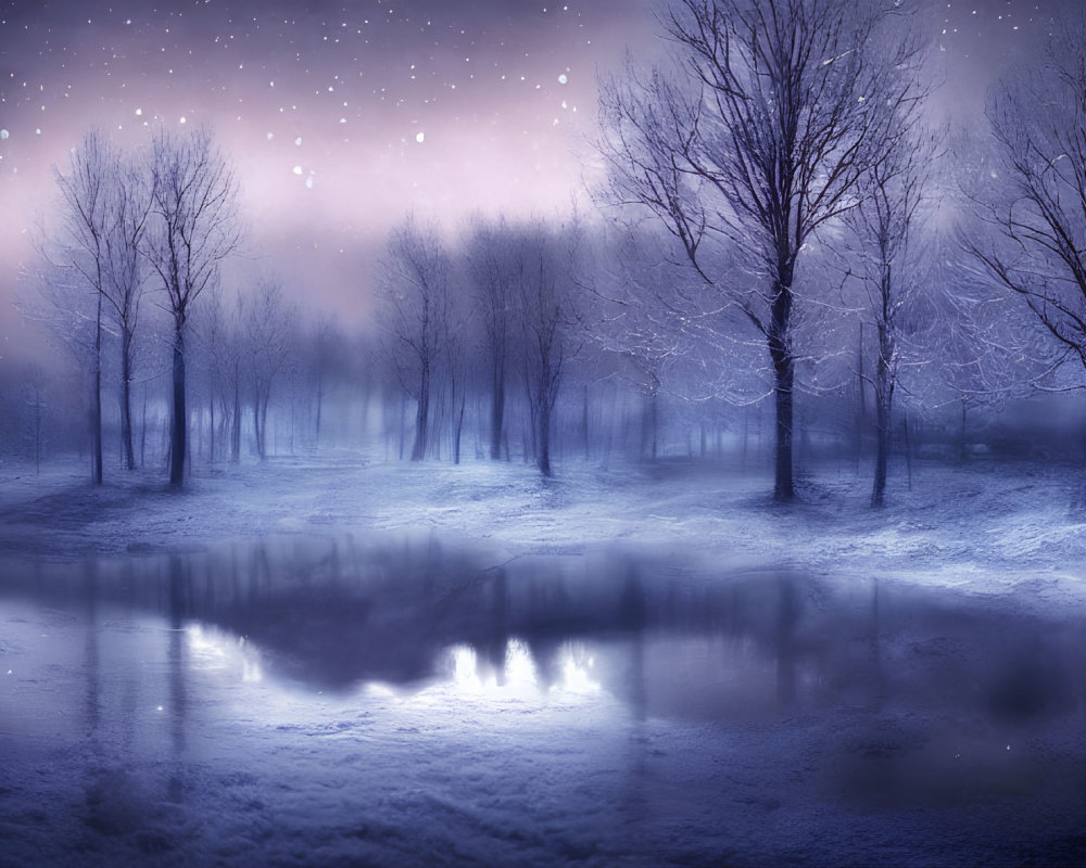 Snowy twilight landscape with bare trees reflecting in water under starry sky
