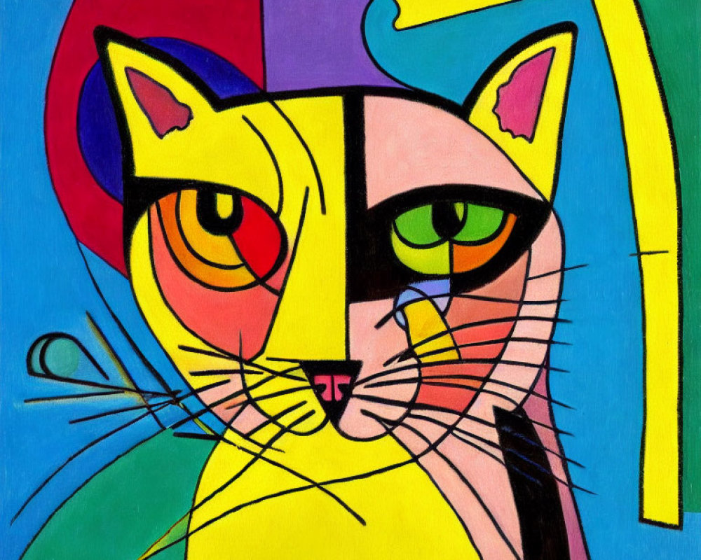 Vibrant Cubist Cat Painting with Geometric Shapes on Blue Background