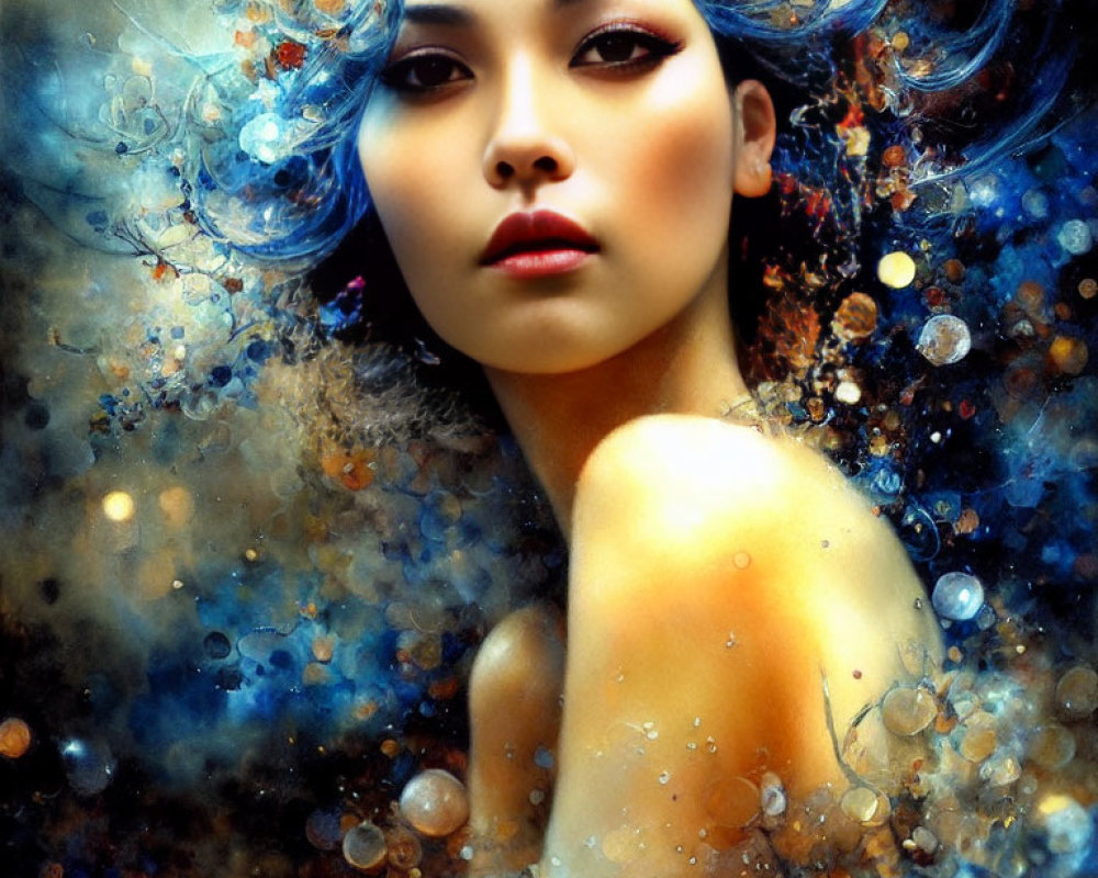 Abstract portrait of woman with swirling blue and brown elements
