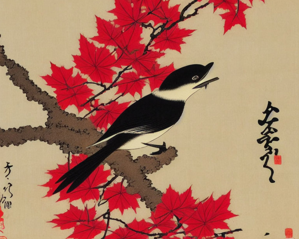 Traditional Asian Style Painting: Black and White Bird, Red Maple Leaves, Asian Calligraphy