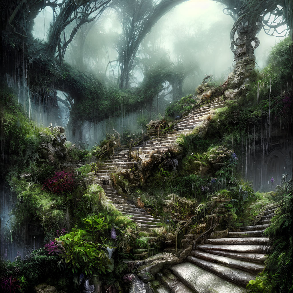 Moss-covered staircase in mystical forest with vibrant flora
