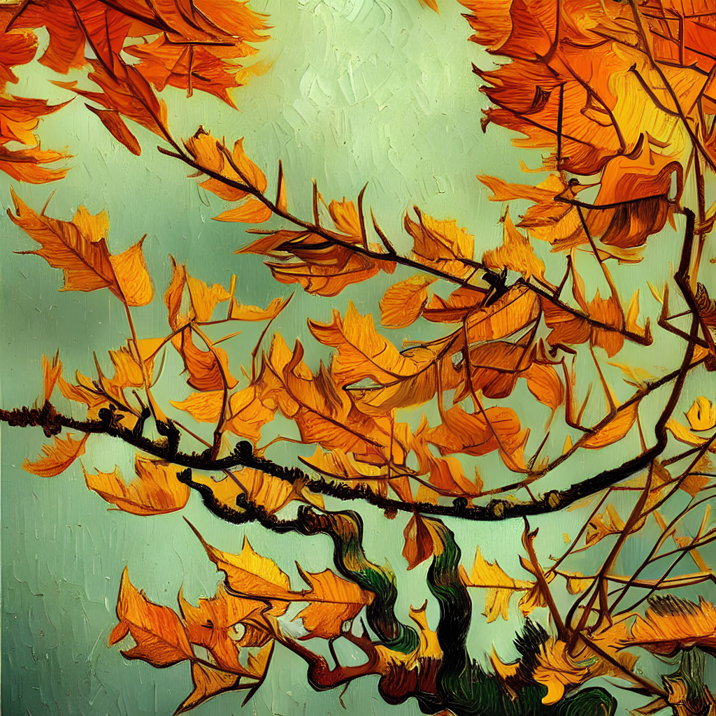 Colorful Autumn Leaves on Branches with Green and Yellow Background