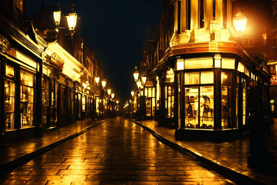 Vintage shopfronts on illuminated old street at night