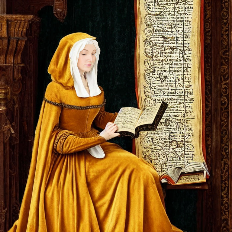 Medieval woman reading book with ancient texts and musical notations in background