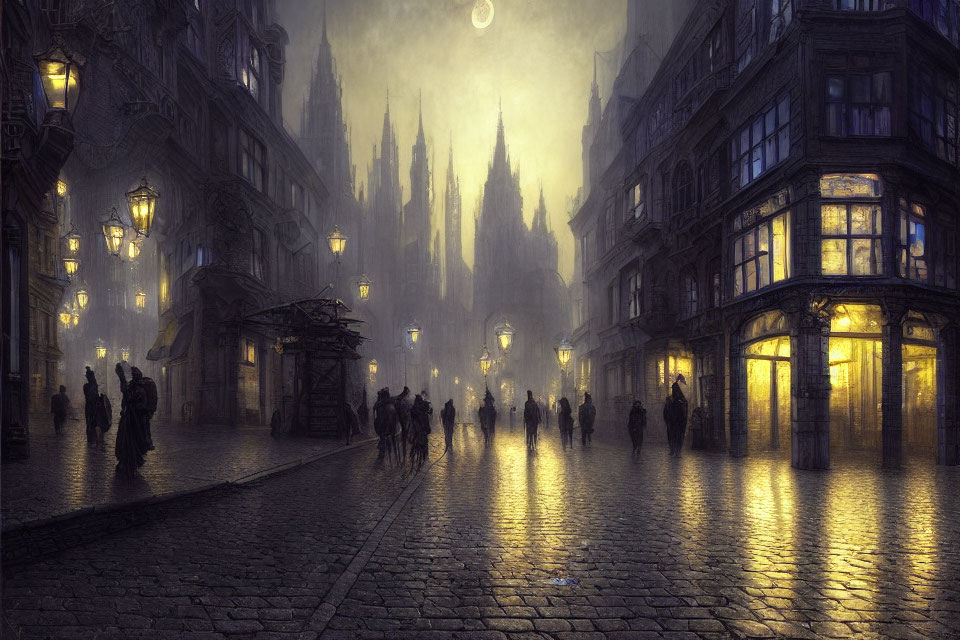 Twilight scene: Misty cobblestone street with Gothic cathedral.