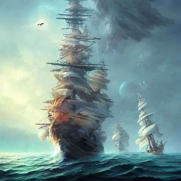 Sailing ships in misty waves with stormy sky and moon