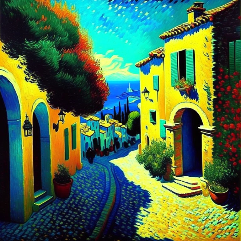Colorful painting of a picturesque street at dusk with starry sky, yellow houses, cobblestone