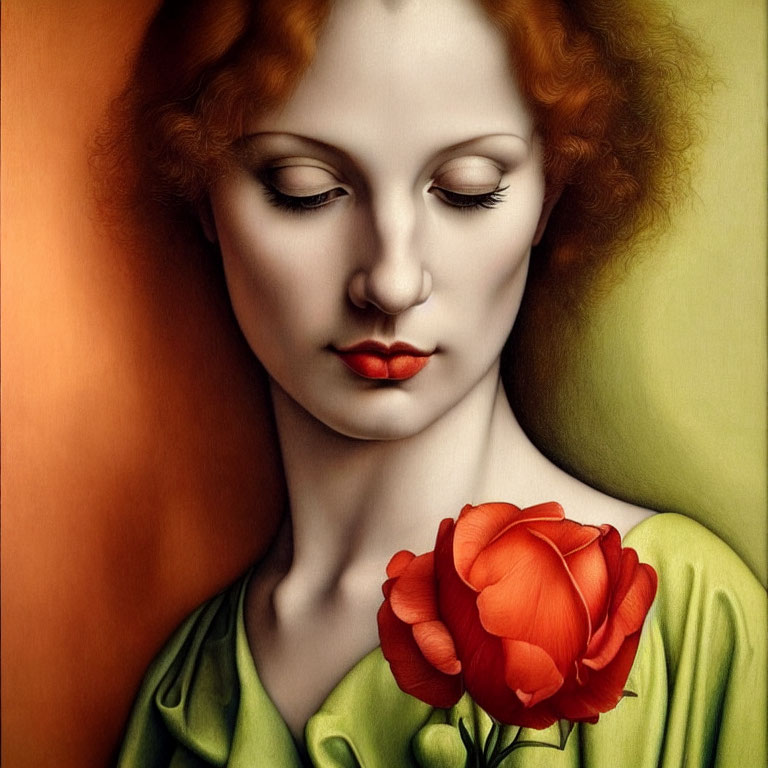 Portrait of woman with curly auburn hair holding rose.