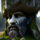 Giant Stone Face with Moss Beard in Mountain Landscape