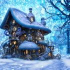 Fantasy winter treehouse with glowing windows and ornate gears