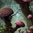 Enchanted forest with giant red-capped mushrooms and misty woods