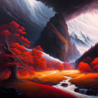 Vibrant landscape with red trees, stream, fog, and mountain.