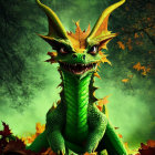 Green dragon with yellow eyes and horns in autumn forest scene