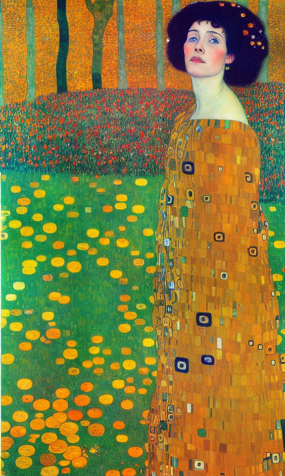 Golden mosaic-patterned dress woman in vibrant meadow scene