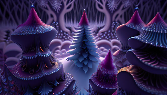 Luminescent Fantasy Forest with Purple, Blue, and Pink Flora