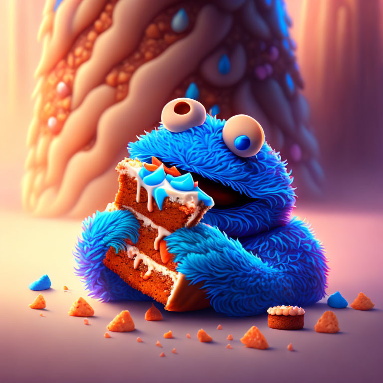 Blue Cookie Monster Toy Hugging Cookie on Warm Background