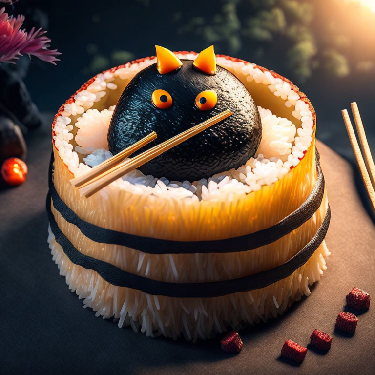 Cat-shaped Sushi Art with Nori Skin and Rice Body