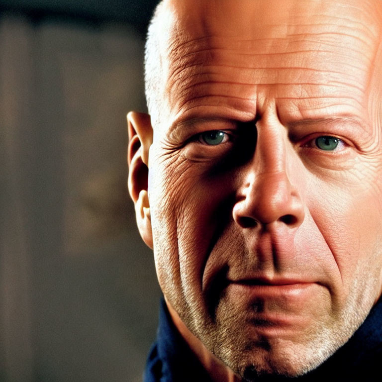 Bald man with blue eyes and furrowed brow in dark top