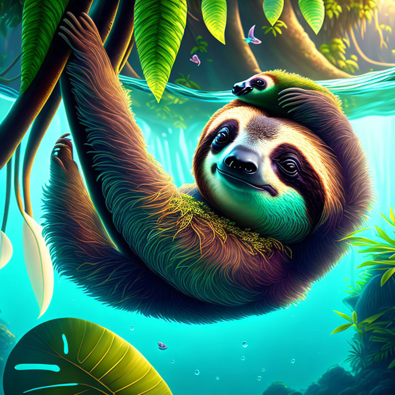 Colorful digital illustration: Sloth and baby hanging in lush forest