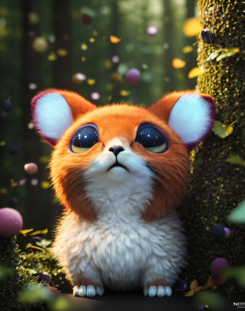 Fox-like creature with large ears in enchanted forest with colorful orbs