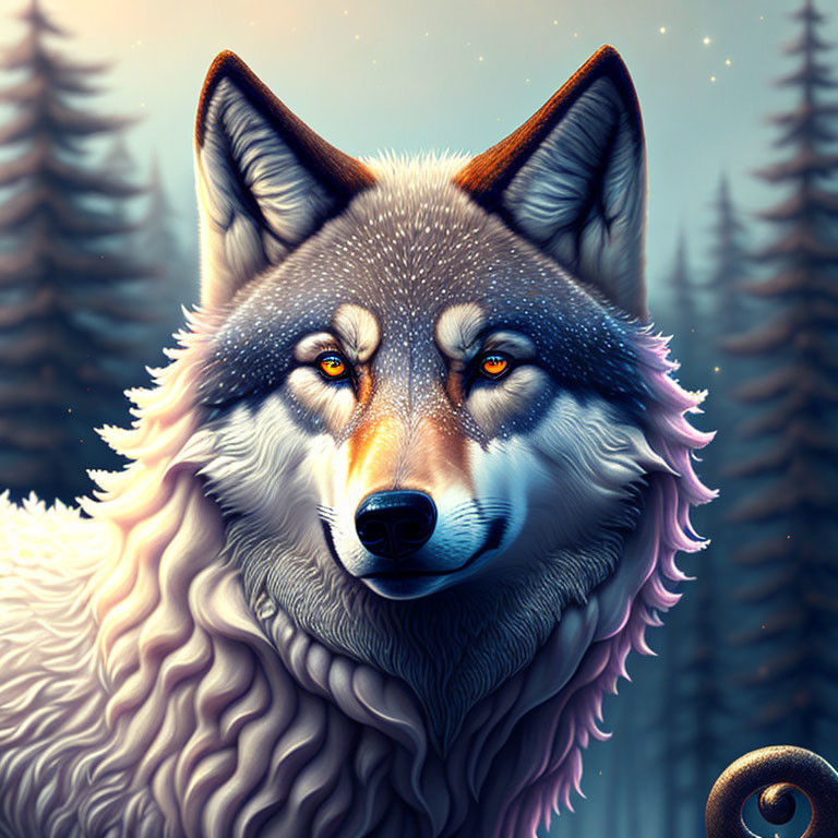 Detailed Wolf Illustration with Intense Yellow Eyes in Twilight Forest