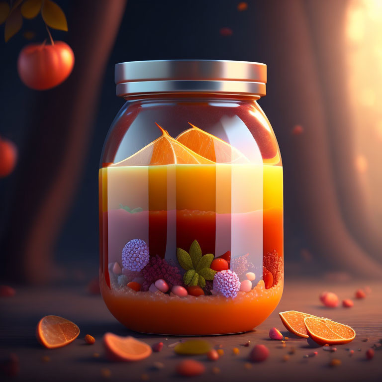 Colorful Layered Dessert with Fruits and Berries in Glass Jar and Oranges on Warm