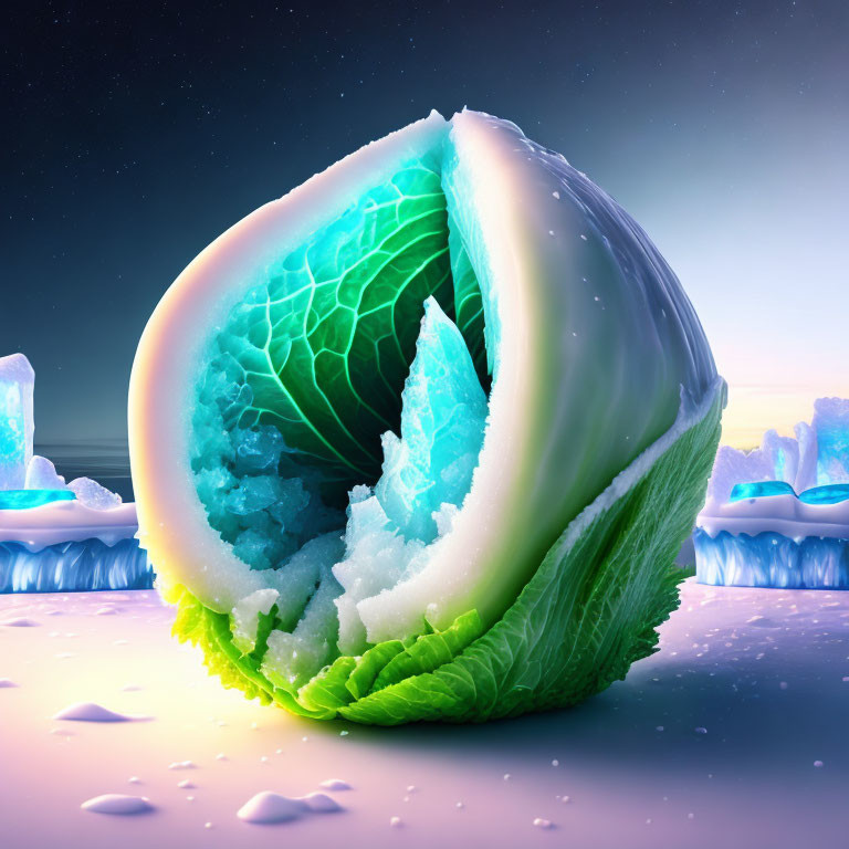 Fantastical image: Sliced cabbage with glowing ice cave in starry twilight sky.