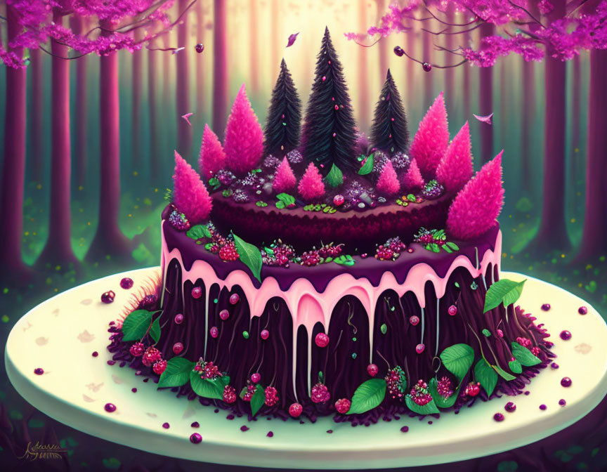Enchanted forest-themed cake with pink and purple icing and decorative trees on a plate.