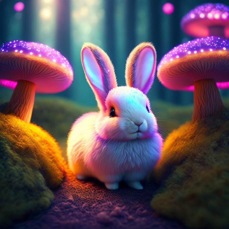 White Rabbit with Pink Glowing Ears in Fantasy Mushroom Scene