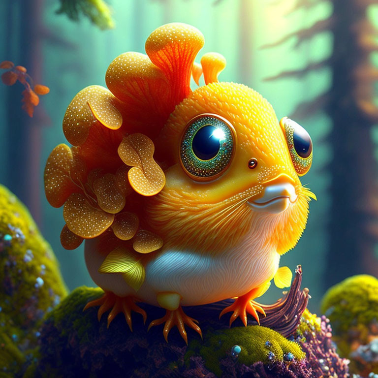 Whimsical orange creature with sparkling eyes and feather-like scales on mossy surface