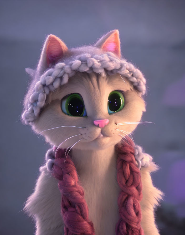 Fluffy Cat in Purple Knitted Hat and Scarf with Green Eyes