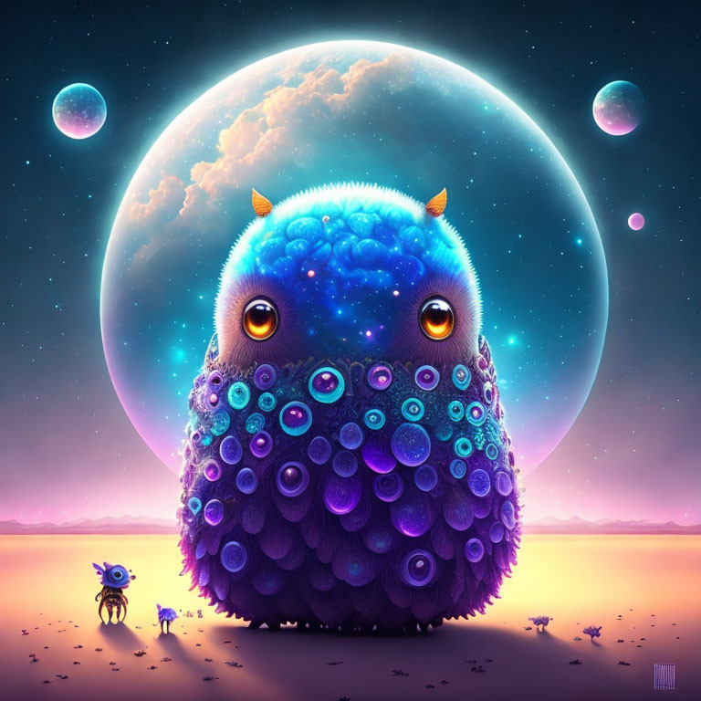 Colorful illustration of blue creature with eyes and horned companion under moonlit sky