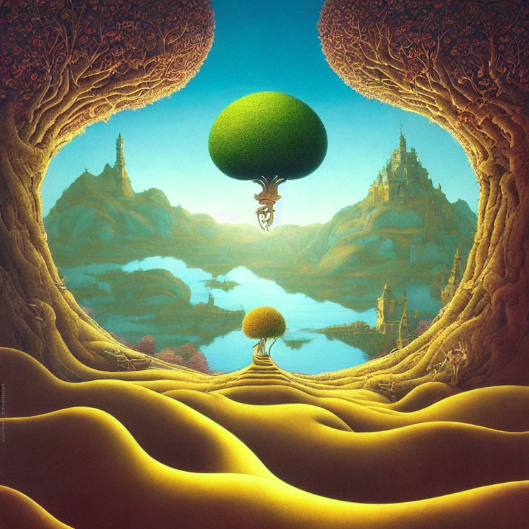 Surreal landscape with levitating green sphere, dragon, sand dunes, intricate trees, and