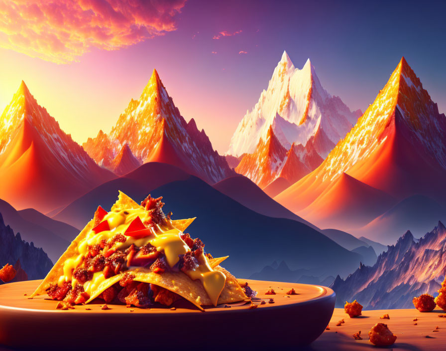 Cheese-topped nachos on plate with surreal mountain backdrop