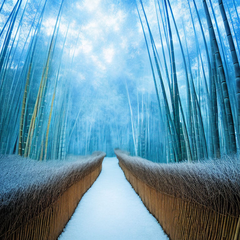 Snowy Path Through Dense Bamboo Forest in Misty Winter Scene