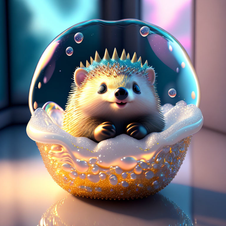Animated hedgehog with crown in bubble on sudsy base glowing warmly