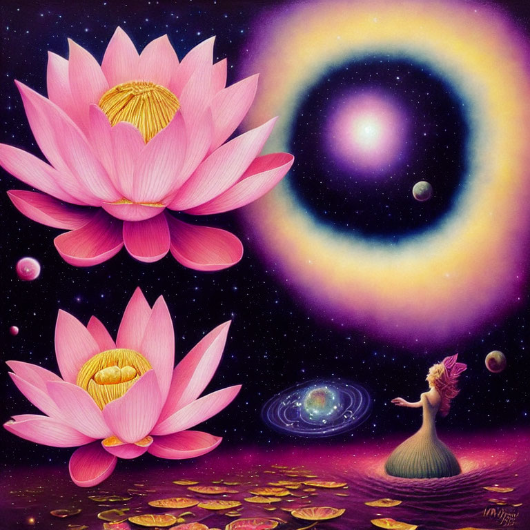 Whimsical artwork of woman on leaf surrounded by pink lotus flowers in space