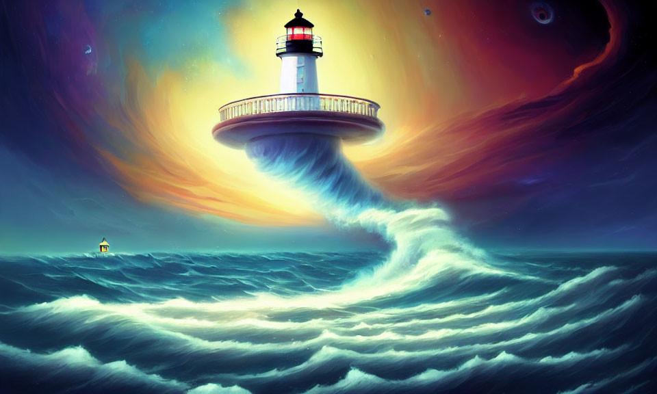 Lighthouse on swirling vortex above turbulent sea waves