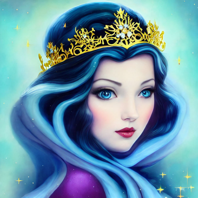 Woman with Blue Hair and Golden Crown: Blue Eyes, Red Lips, Twinkling Stars