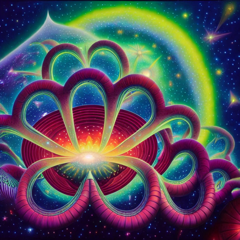 Colorful cosmic artwork: luminous flower form against starry backdrop